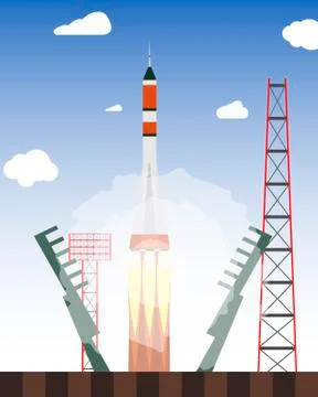 Start rocket from the spaceport. Launch raekty in space. Vector illustration Stock Illustration