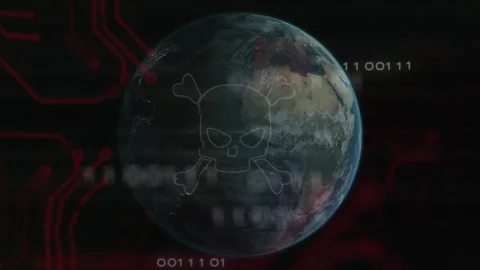 At start rotating 3D Earth sliding red circuitry, skull appearing scrolling code Stock Footage 312657713