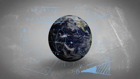 On start rotating Earth globe, chalk formulas fading in over lands showing math Stock Footage 313094568