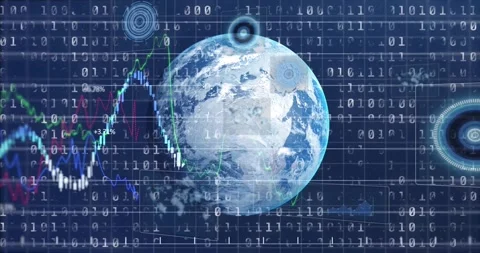 On start rotating Earth while binary grid emerging and line graphs drawing Stock Footage 318260547