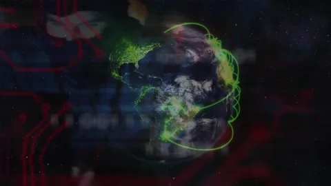 On start rotating globe arcs linking, PCB appearing code scrolling, mask Stock Footage 317264934