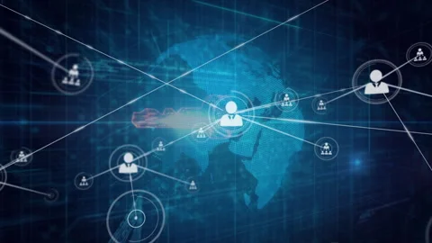 On start rotating globe extending lines toward user icons, hex streams Stock Footage 310150300