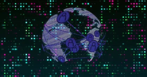 At start rotating globe showing lands pulsing purple nodes linking visualizing Vídeo Stock 333830015