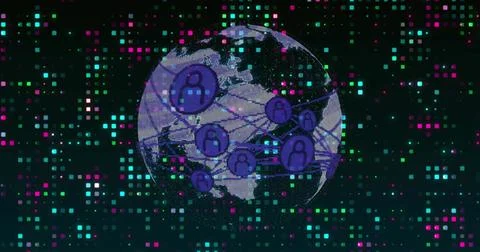 At start rotating globe showing lands pulsing purple nodes linking visualizing Stock Illustration