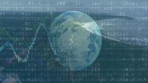 On start rotating globe spinning with binary streaming and line graph rising Stock Footage 311664486