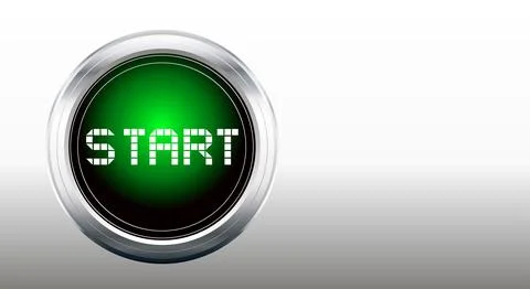 Start. Round green button with metal frame and text Start on white backgrou.. Stockfoto's