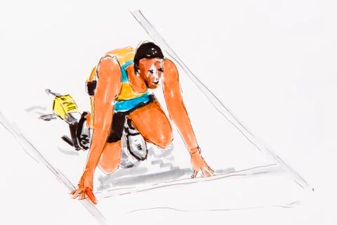Start of a runner, track and field athletics, drawing by the artist gerhard k Stock Illustration
