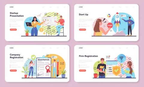 Start up running web banner or landing page set. New business launching Stock Illustration