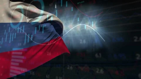 On start Russian flag rippling while market candles and trend line moving, Stock Footage 332404740