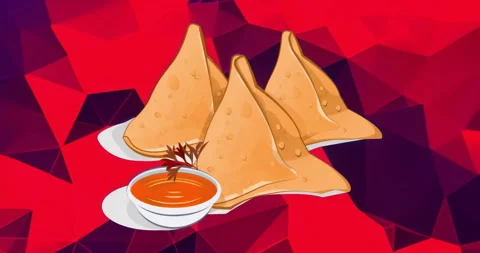 On start scene showcasing triangular pastries with sauce over polygon backdrop Stock Footage 316119900