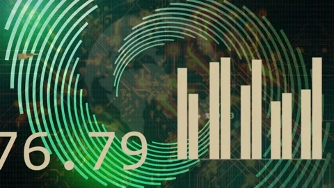 On start segmented green rings rotating around core, revealing charts, Stock Footage 335739824