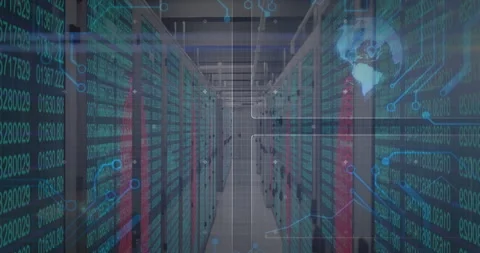 At start server aisle streaming numbers, code animating, globe brightening Stock Footage 315551527