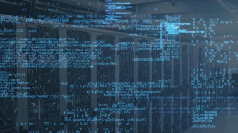 At start server cabinets receiving blue code streaming, splitting to visualize Stock Footage 311083640