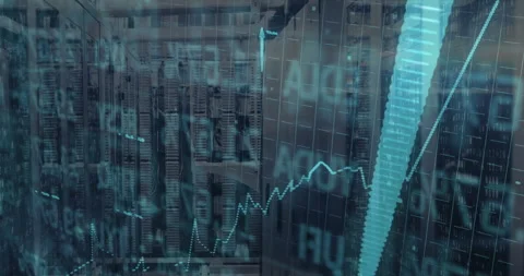 At start server racks remaining constant while chart pulsing upward marking data Stockbeeldmateriaal 312656479