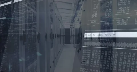 On start server racks showing scrolling code and pulsing encryption panel Stock Footage 317264781