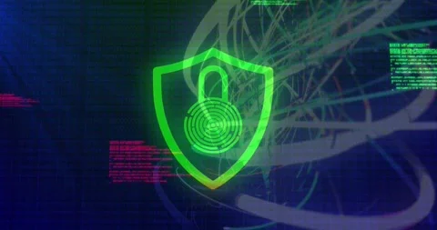 On start shield pulsing fingerprint shifting dual, ribbons weaving, code Stock-Footage 329870914