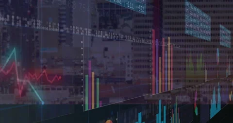 On start showing columns scrolling as lines oscillating and tickers updating Stock Footage 309808721