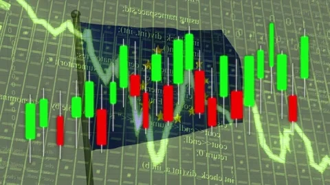On start showing EU flag over data grid, candles moving, line dipping then Stock Footage 334788889