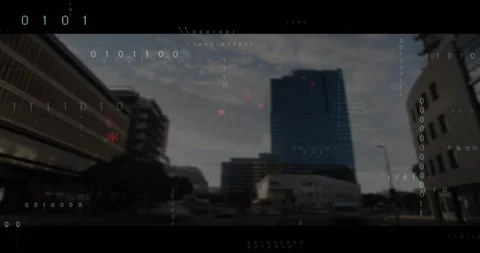 On start, skyscraper receiving binary streams, red symbols then scrolling C++ Stock Footage 317153944