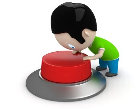 Start! social 3d characters: boy pressing red button to start the process. Stock Illustration