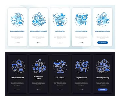 Start social enterprise dark, light onboarding mobile app page screen Stock Illustration