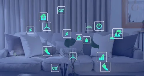 On start sofa displaying green-blue energy icons drifting over cushions, Stock Footage 331380281