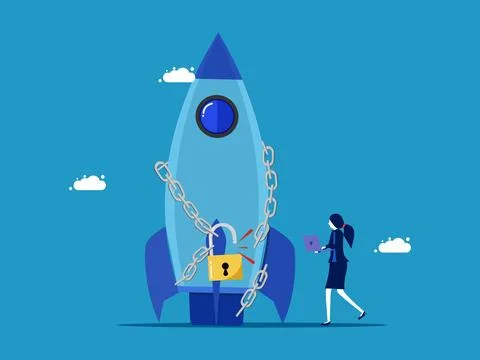 Start solving business problems. woman unlocks rocket from chains 스톡 일러스트