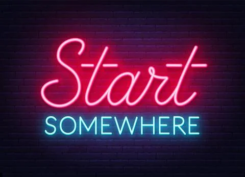 Start Somewhere neon sign on brick wall background. Stock-Illustration