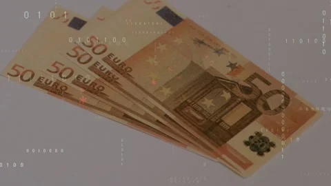 On start, stack of 50 euro banknotes sliding, fanning while code scrolling, Stock Footage 329454173