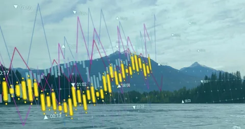At start stock candlesticks sliding right while magenta-blue lines oscillating Stock Footage 310283700