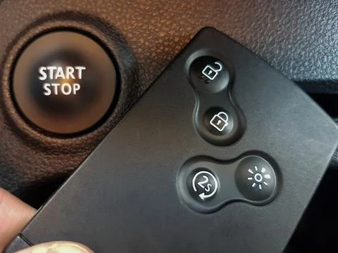 Start-stop button and car key card with hands-free function Stock Photos