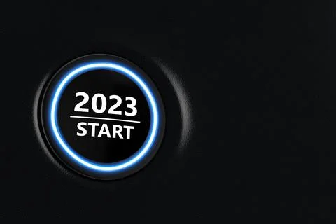 Start Stop Car Engine Button Year 2023 on a Modern Car Dashboard Interior. 3d Stock Illustration