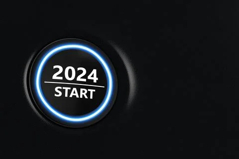 Start Stop Car Engine Button Year 2024 on a Modern Car Dashboard Interior. .. Illustrazione stock