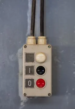 Start, stop concept. Push buttons, red and black color switch, old retro indu Stock Photos