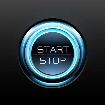 Start stop engine button blue light power on black design concept technology Illustrazione stock