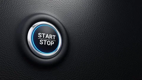 Start Stop push button, Start and stop modern car button with blue shine Illustrazione stock