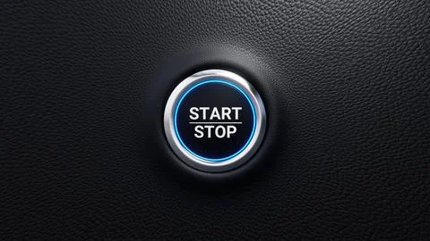 Start Stop push button, Start and stop modern car button with blue shine Illustrazione stock
