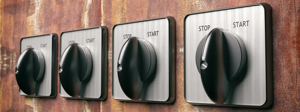 Start stop switch retro old round on grunge wall background, banner. Industri Stock Illustration