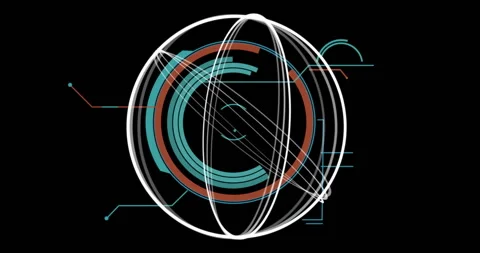 On start strokes sweeping and rotating wireframe orb and teal disc pulsing Stock Footage 313678015
