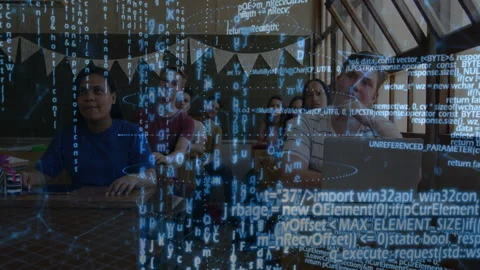 At start students sitting at desks viewing code overlays drifting into Stock Footage 310970930