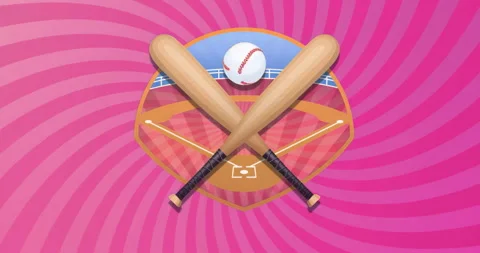 On start, stylized baseball logo remaining centered on pink swirl backdrop Stock Footage 315520424