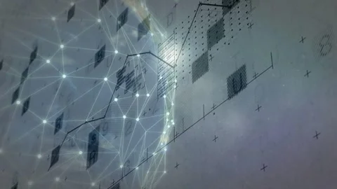 On start stylized globe rotating, network nodes pulsing, line chart sliding left Stock Footage 334202787