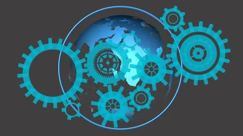 On start stylized globe rotating while cyan gears shifting and neon arc circling Stock Footage 330379844