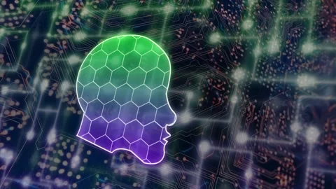 On start stylized head silhouette shifting hex cells, pulsing outline, rotating, Stock Footage 335651800