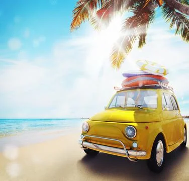 Start summertime vacation with an old car on the beach. 3d rendering Illustrazione stock