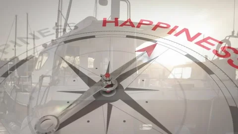 At start, sunlit compass rose rotating dial, pointer sweeping under HAPPINESS, Stock Footage 317206962