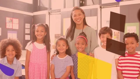 On start teacher behind class while geometric shapes moving across faces Stock Footage 331123681