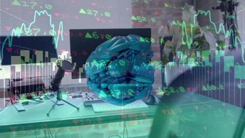 On start teal 3D brain floating, rotating as chart overlays scroll showing Stock Footage 334881737