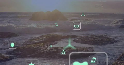 At start teal icons appearing over rocky shore, drifting, pulsing and Stock Footage 328418091