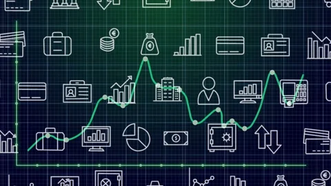 On start teal line plotting, tracing across grid icons, nodes glowing, showing Vídeos de archivo 332469414
